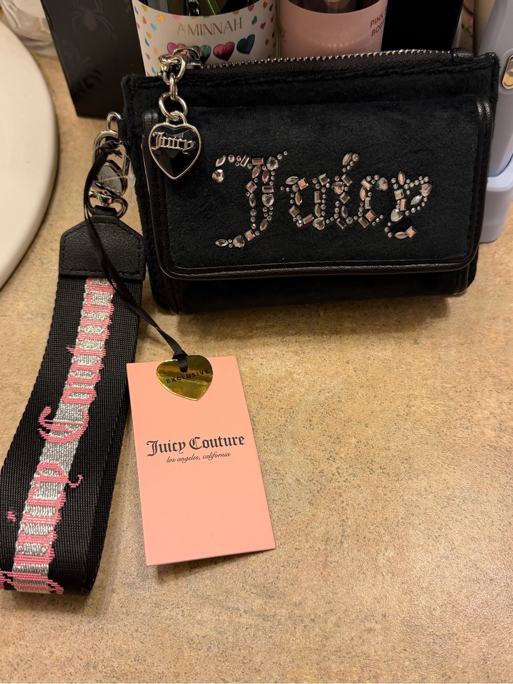 Juicy Couture Black Crystal-Logo Suede wristlet Bag
